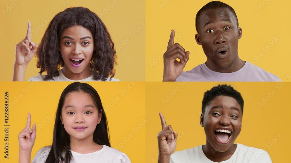 Poster A multiracial collection of individuals displays various emotions, including surprise and curiosity. Each person gestures differently, creating a dynamic and engaging atmosphere.
