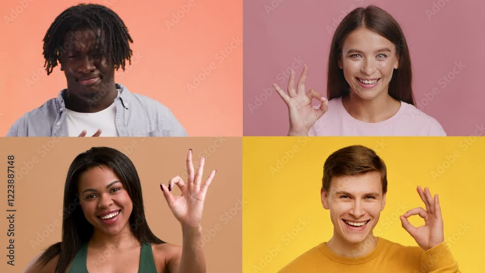 Poster Four individuals from different backgrounds offer joyful expressions and positive hand gestures against vibrant backgrounds.