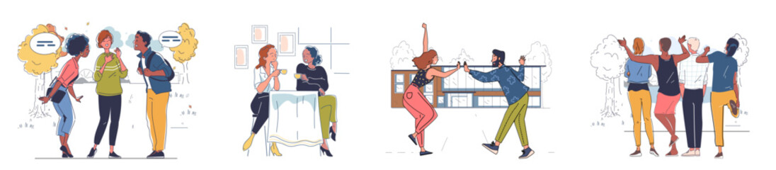 Obraz premium Diverse group of people engaging in conversations, dancing, and enjoying time together outdoors and indoors. Modern flat style. Social interaction concept. Vector illustration