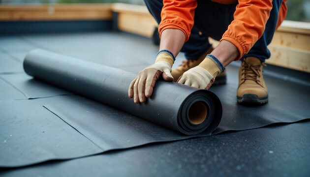 Roofing worker installing waterproof material on flat roof. Person in protective clothing rolls out roofing felt. Construction process on rooftop. Building maintenance work in progress.