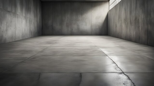 Empty industrial space with concrete walls and floor, featuring a high window letting in natural light.