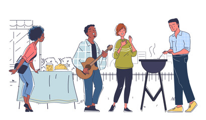 Group of diverse people enjoying a barbecue, with one playing guitar and others interacting. Flat illustration on a white background. Concept of social gathering. Vector illustration.