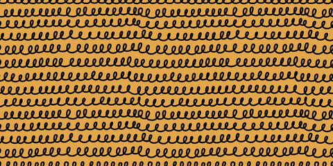 Black and yellow seamless pattern with hand drawn curly wavy lines, resembling a coiled telephone cord. Modern doodle design, perfect for fabric, packaging, wallpapers, branding. Vector illustration