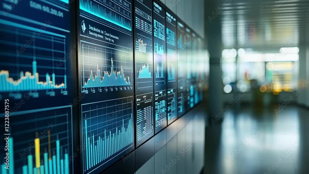 Poster multiple screens displaying real time production data and key performance indicators - kpis - in a m