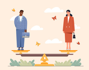 Man and woman standing on a balanced scale with butterflies and clouds in the background. Concept of gender equality and workplace fairness. Vector illustration