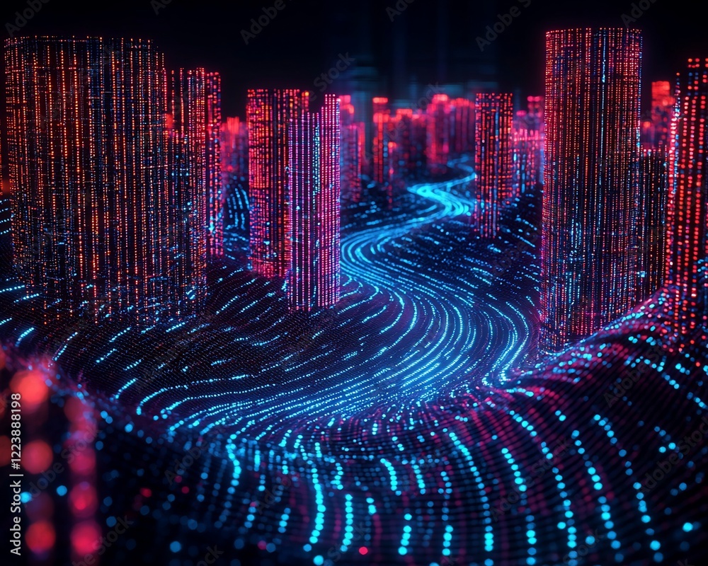Poster Futuristic city scape with glowing lines and data streams.