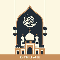 Ramadan Kareem greeting card with mosque and lantern in arabic calligraphy text means Holy Ramadan vector illustration