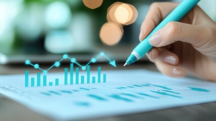 A hand holding a turquoise pen writes on a paper featuring digital graphs and data representations.