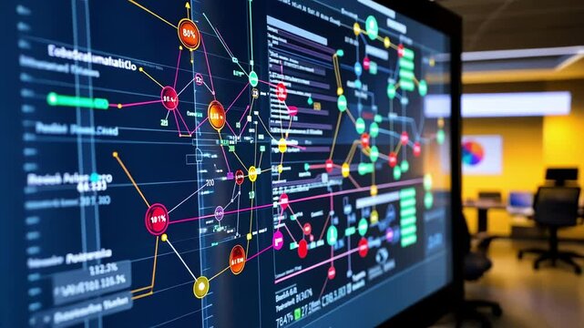 Manufacturing process management software is displaying colorful numbers and connections on a large monitor, indicating a complex and interconnected system