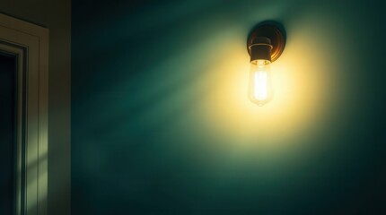 Vintage Light Bulb Illuminating Dark Wall with Soft Glow Effect
