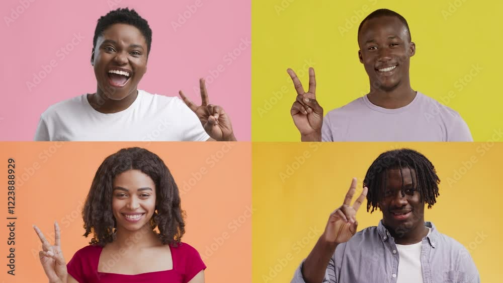 Aufkleber Four people from diverse backgrounds display a range of emotions and gestures against colorful backgrounds. Each individual communicates joy and connection through their expressive poses.