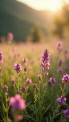 Obraz premium Soft focus of heather and wildflowers in the autumn light, landscape, blooming, meadow