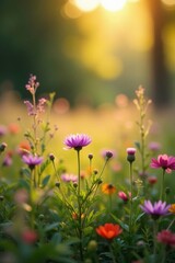 Obraz premium Soft focus of heather and wildflowers in the autumn light, meadow, wildflowers