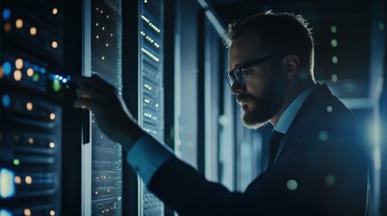 A close-up of a maintenance engineer in a data center checking server racks and network connections, with rows of servers and blinking lights in the background, Data center maintenance scene