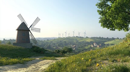 A historic windmill at the edge of a village, with a line of wind turbines visible on a nearby hill under a clear sky