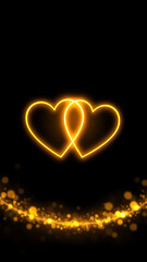 Two intertwined glowing gold hearts on a black background with bokeh.