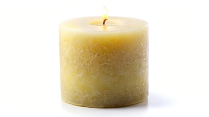 Lit Olive Green Candle on White Background