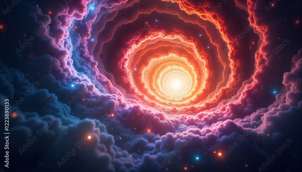 Poster hyperspace tunnel vortex with bright stars, cosmic rays. colorful nebula clouds swirl around. galact