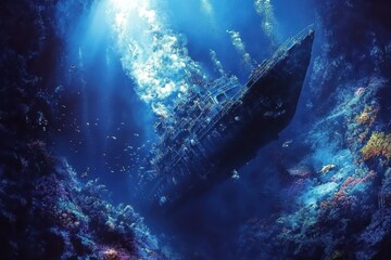 Fototapeta premium Sunken ship rests on ocean floor, surrounded by vibrant coral and fish. Ideal for marine life, adventure, or mystery themes.