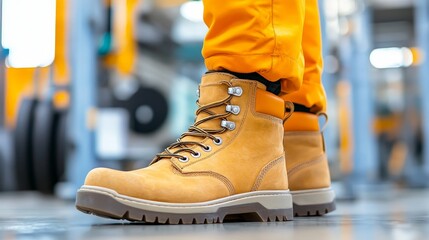 A detailed shot of tough work boots and orange pants, blending functionality and style in a gym atmosphere. 
