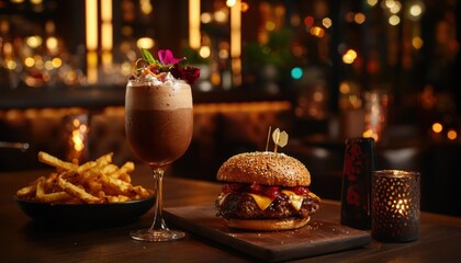 Obraz premium Gourmet burger and chocolate shake upscale restaurant food photography cozy atmosphere close-up shot culinary delight