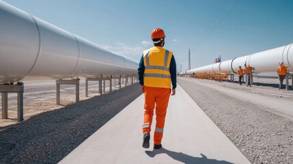 Worker in safety gear walks along pipeline infrastructure under blue sky with workers present in background