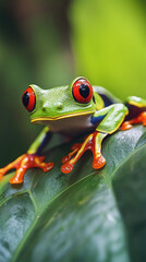 Fototapeta premium Vibrant Close-up Photograph of a Red-Eyed Tree Frog on a Leaf - Capturing Wildlife in the Rainforest.