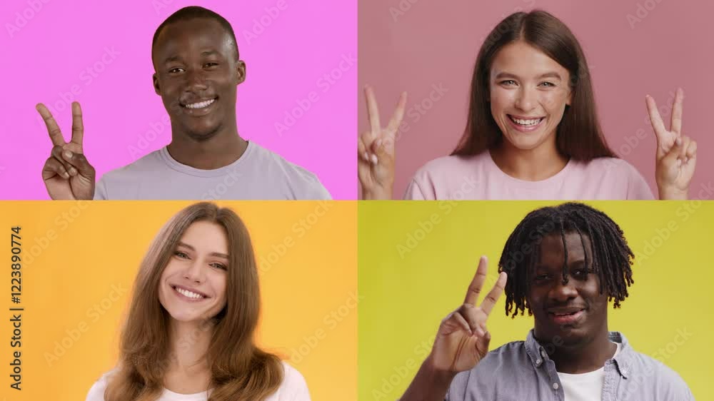 Poster A collection of four individuals displaying joyful emotions and peace signs against colorful backgrounds. Each person showcases unique gestures, symbolizing connection and diversity.