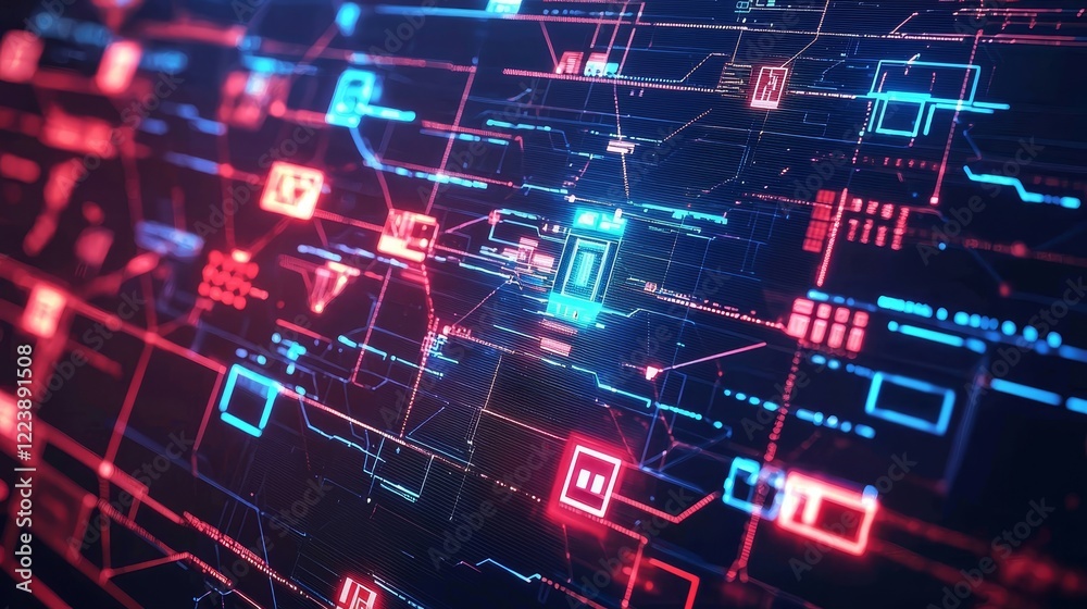 Poster vivid representation of cyber networks with bright colors and dynamic patterns