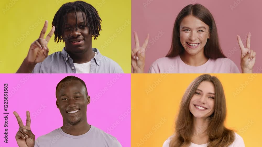 Aufkleber four diverse individuals showcase their emotions through playful gestures against colorful backgroun