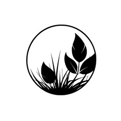 Obraz premium Elegant Black and White Floral Design: Minimalist Botanical Illustration of Leaves and Grass in a Circle