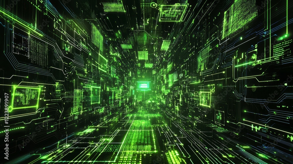 Poster abstract representation of technology with digital forms and green color palette