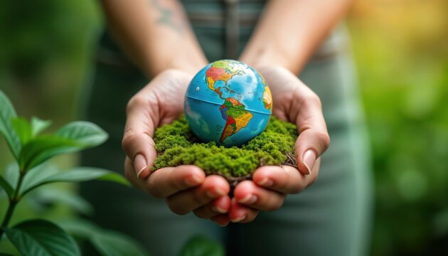 Person holds miniature earth globe resting on patch of moss in hands. Eco conscious action. Environmental protection. World Environment Day. Inspiring sustainable practices. Global warming awareness - Powered by Adobe