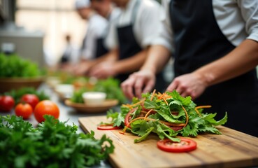 Chef team prepares fresh salad. Healthy cooking class. Kitchen activity. People working together. Food preparation. Culinary school. Group of people. Interested cooks. Making healthy dish.