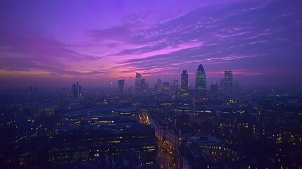 Fototapeta premium Cityscape at twilight, purple sky, skyscrapers, buildings, lights.