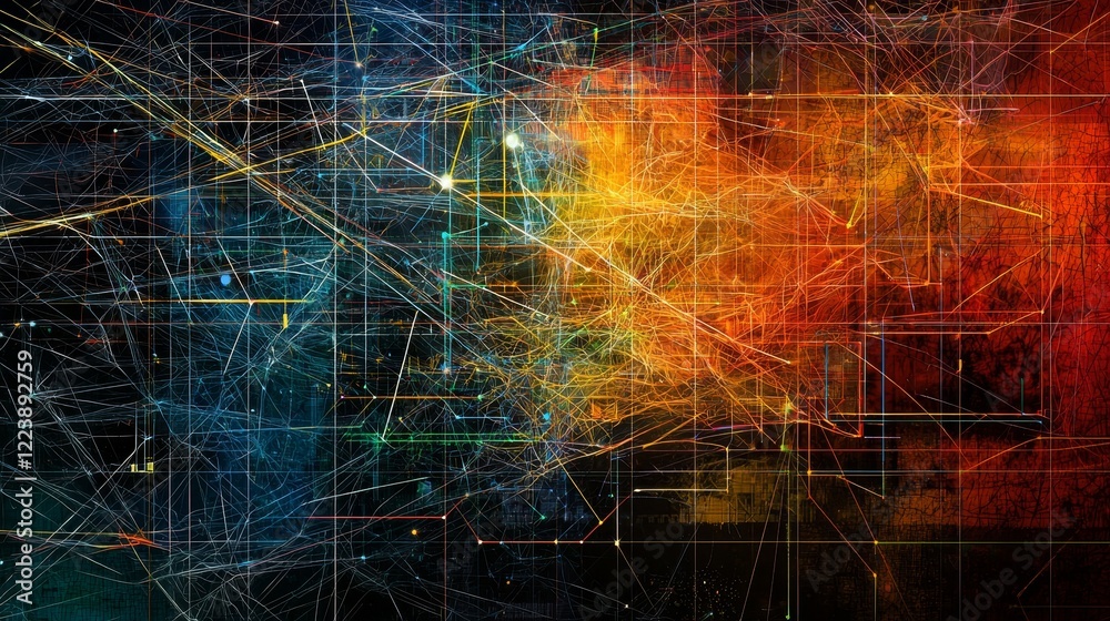 Poster dynamic flow of colorful digital data in abstract network visualization