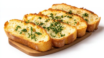 Freshly baked garlic bread slices, golden brown, isolated on a clean white background,