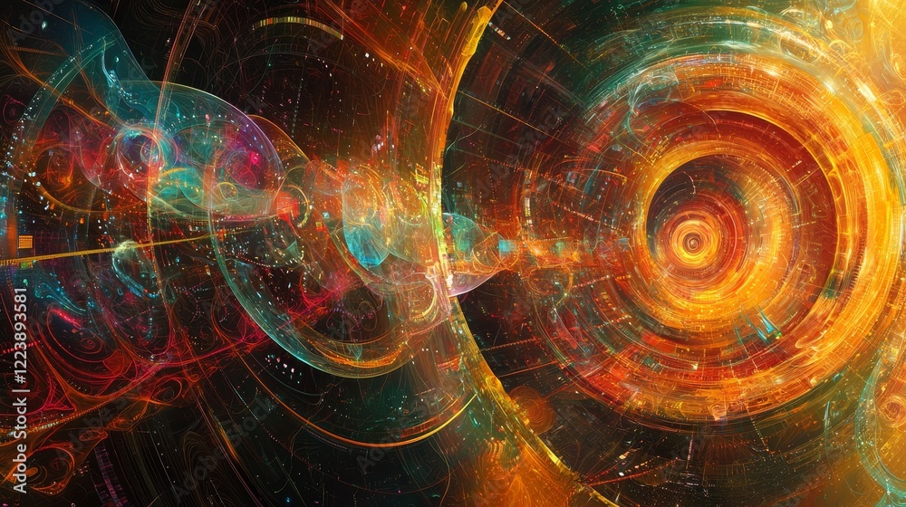Poster vibrant abstract graphic representation of technology with dynamic colors and patterns