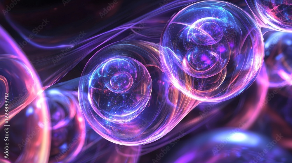 Poster interconnected spheres representing data flow in abstract digital design