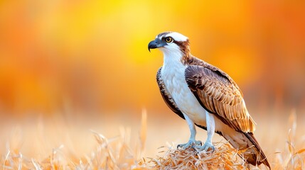 Osprey perched in golden autumn field, sunset backdrop, wildlife nature photography for websites