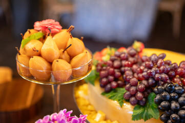 Casamento, buffet, decoração, elementos, prato, mesa, alimentos, decorado, festa, debutante