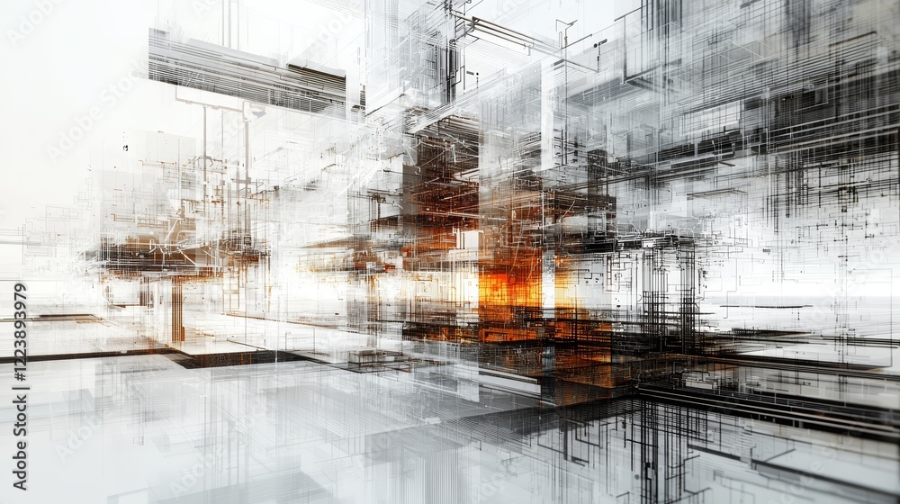 Poster abstract representation of modern digital architecture with intricate lines and shapes