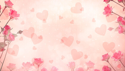 Valentine's Day dreamy card with roses bouquet on abstract pink background with heart shape bokeh and copy space, holiday wide banner with empty place.