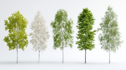 Obraz premium Five birch trees showing seasonal changes against a white background; nature, botany, environment, design, illustration