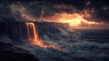 Fototapeta premium Apocalyptic lava waterfall cascading into stormy ocean.