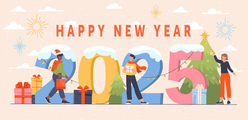 Festive illustration of people decorating a 2025 display with gifts, lights, and a tree on a snowy background. Concept of New Year celebration. Vector illustration