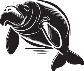 Black Color Dugong Silhouette Vector Illustration design, Solid White Background