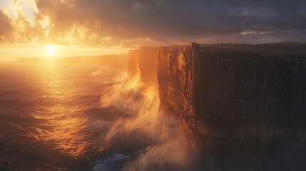 Dramatic sunset over a rugged cliff face with crashing waves.