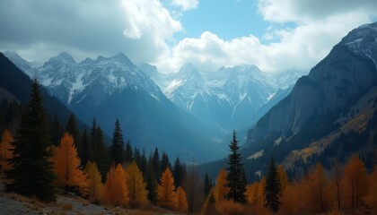 Obraz premium Autumnal Mountain Landscape with Snow Capped Peaks and Golden Foliage