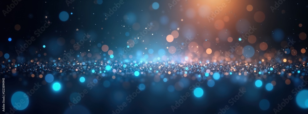 Poster Abstract background with bokeh lights. Shiny lights in blue and gold create sparkling effect. De focused lights create a dreamy atmosphere. Ideal for creative projects. Trendy design elements.